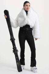Women's Black Stylish Slim-Fit One-Piece Ski Suit with Detachable Faux Fox Fur Jacket & Flared Legs