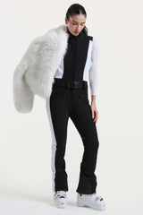 Women's Khaki Stylish Slim-Fit One-Piece Ski Suit with Detachable Faux Fox Fur Jacket & Flared Legs