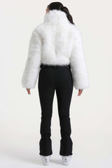 Women's White Stylish Slim-Fit One-Piece Ski Suit with Detachable Faux Fox Fur Jacket & Flared Legs