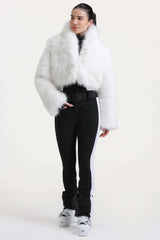 Women's White Stylish Slim-Fit One-Piece Ski Suit with Detachable Faux Fox Fur Jacket & Flared Legs