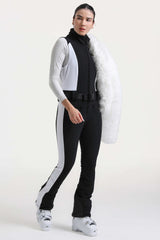 Women's White Stylish Slim-Fit One-Piece Ski Suit with Detachable Faux Fox Fur Jacket & Flared Legs
