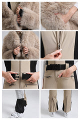 Women's Khaki Stylish Slim-Fit One-Piece Ski Suit with Detachable Faux Fox Fur Jacket & Flared Legs