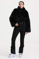 Women's Khaki Fashion Slim-Fit Stretch One-Piece Ski Suit with Faux Fox Fur Jacket & Flared Legs