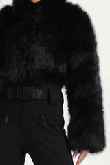 Women's Black Fashion Slim-Fit Stretch One-Piece Ski Suit with Faux Fox Fur Jacket & Flared Legs