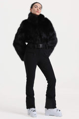 Women's Black Fashion Slim-Fit Stretch One-Piece Ski Suit with Faux Fox Fur Jacket & Flared Legs