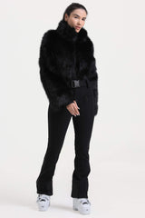 Women's Black Fashion Slim-Fit Stretch One-Piece Ski Suit with Faux Fox Fur Jacket & Flared Legs