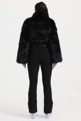 Women's Black Fashion Slim-Fit Stretch One-Piece Ski Suit with Faux Fox Fur Jacket & Flared Legs
