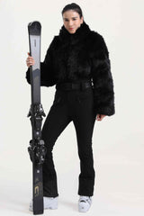 Women's Khaki Fashion Slim-Fit Stretch One-Piece Ski Suit with Faux Fox Fur Jacket & Flared Legs