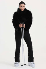 Women's Black Fashion Slim-Fit Stretch One-Piece Ski Suit with Faux Fox Fur Jacket & Flared Legs
