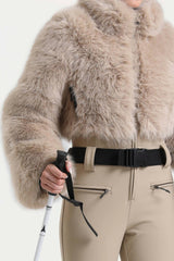 Women's Khaki Fashion Slim-Fit Stretch One-Piece Ski Suit with Faux Fox Fur Jacket & Flared Legs