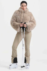 Women's Khaki Fashion Slim-Fit Stretch One-Piece Ski Suit with Faux Fox Fur Jacket & Flared Legs