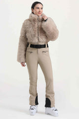 Women's Khaki Fashion Slim-Fit Stretch One-Piece Ski Suit with Faux Fox Fur Jacket & Flared Legs