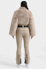 Women's White Fashion Slim-Fit Stretch One-Piece Ski Suit with Faux Fox Fur Jacket & Flared Legs