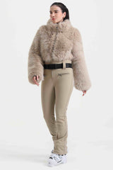 Women's Khaki Fashion Slim-Fit Stretch One-Piece Ski Suit with Faux Fox Fur Jacket & Flared Legs