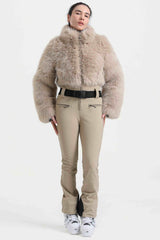 Women's Khaki Fashion Slim-Fit Stretch One-Piece Ski Suit with Faux Fox Fur Jacket & Flared Legs