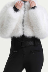 Women's White Fashion Slim-Fit Stretch One-Piece Ski Suit with Faux Fox Fur Jacket & Flared Legs