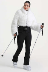 Women's Khaki Fashion Slim-Fit Stretch One-Piece Ski Suit with Faux Fox Fur Jacket & Flared Legs