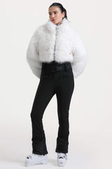 Women's Khaki Fashion Slim-Fit Stretch One-Piece Ski Suit with Faux Fox Fur Jacket & Flared Legs