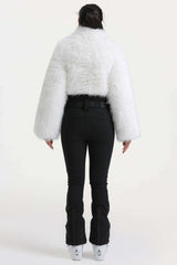 Women's White Fashion Slim-Fit Stretch One-Piece Ski Suit with Faux Fox Fur Jacket & Flared Legs