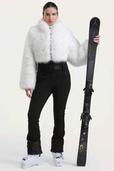 Women's White Fashion Slim-Fit Stretch One-Piece Ski Suit with Faux Fox Fur Jacket & Flared Legs