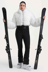 Women's White Fashion Slim-Fit Stretch One-Piece Ski Suit with Faux Fox Fur Jacket & Flared Legs