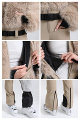 Women's Black Fashion Slim-Fit Stretch One-Piece Ski Suit with Faux Fox Fur Jacket & Flared Legs