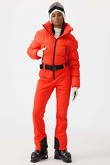 Women's Neon Orange Stain-resistant Down One-Piece Ski Suit