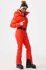 Women's Neon Orange Stain-resistant Down One-Piece Ski Suit