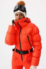 Women's Neon Orange Stain-resistant Down One-Piece Ski Suit