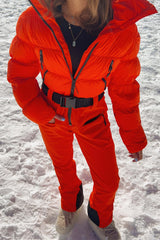 Women's Neon Orange Stain-resistant Down One-Piece Ski Suit